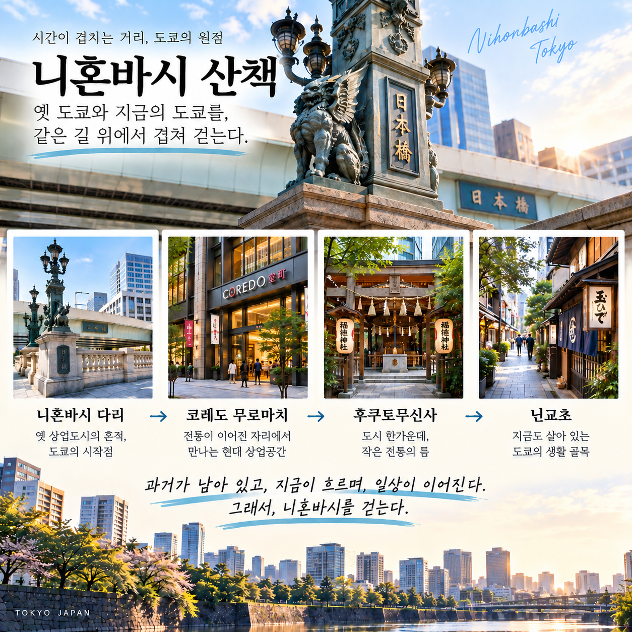 니혼바시 다리에서 코레도 무로마치, 후쿠토쿠신사, 닌교초로 이어지는 시간층 산책 인포그래픽