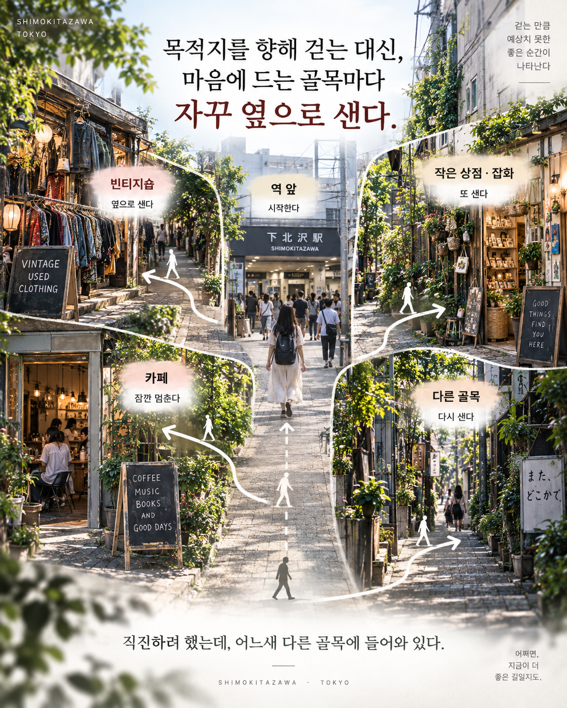 시모키타자와에서 직진하다가 빈티지숍과 작은 상점, 카페, 다른 골목으로 자꾸 옆으로 새는 흐름을 보여주는 인포그래픽