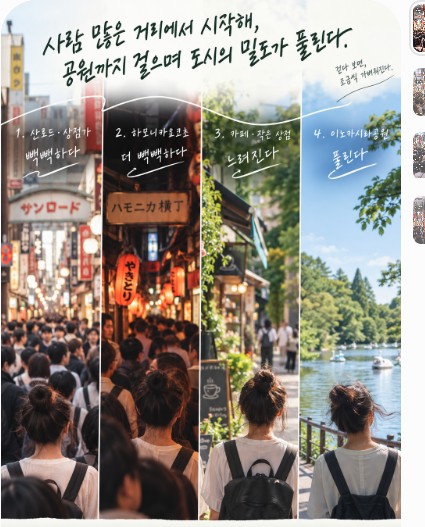 키치조지역 상점가에서 하모니카요코초, 카페와 작은 상점, 이노카시라공원으로 이어지며 도시의 밀도가 풀리는 흐름을 보여주는 인포그래픽