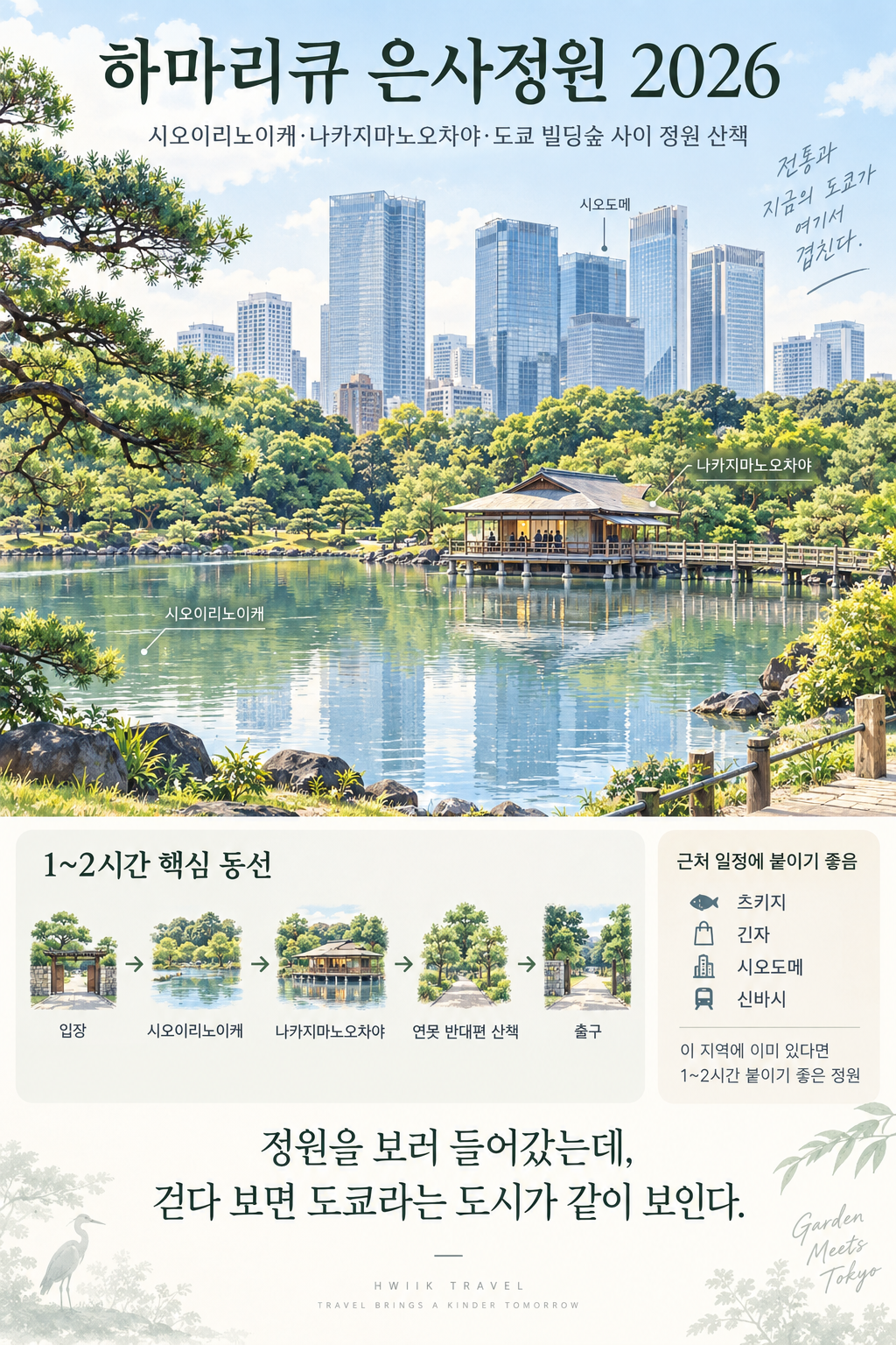 하마리큐 은사정원 2026 시오이리노이케 나카지마노오차야 시오도메 반나절 산책 인포그래픽